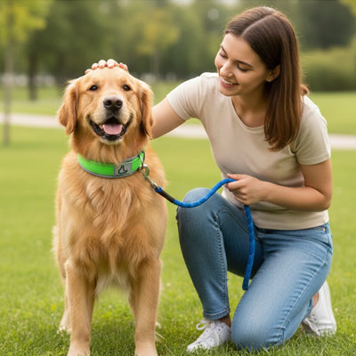 femme chien caresse collier chien