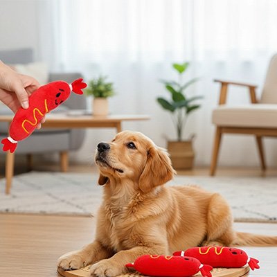 Peluche chien hotdog rouge