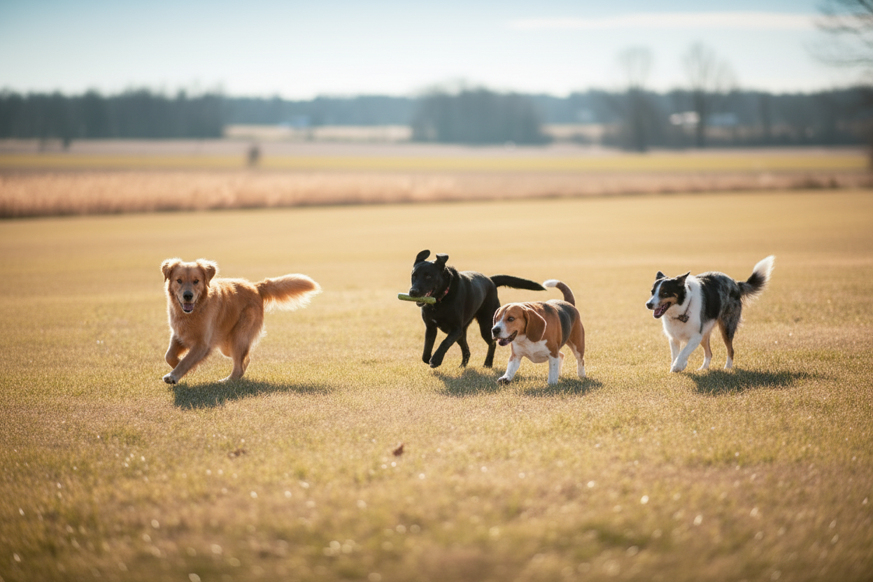 Plusieurs chiens de différentes races - vue éloignée
